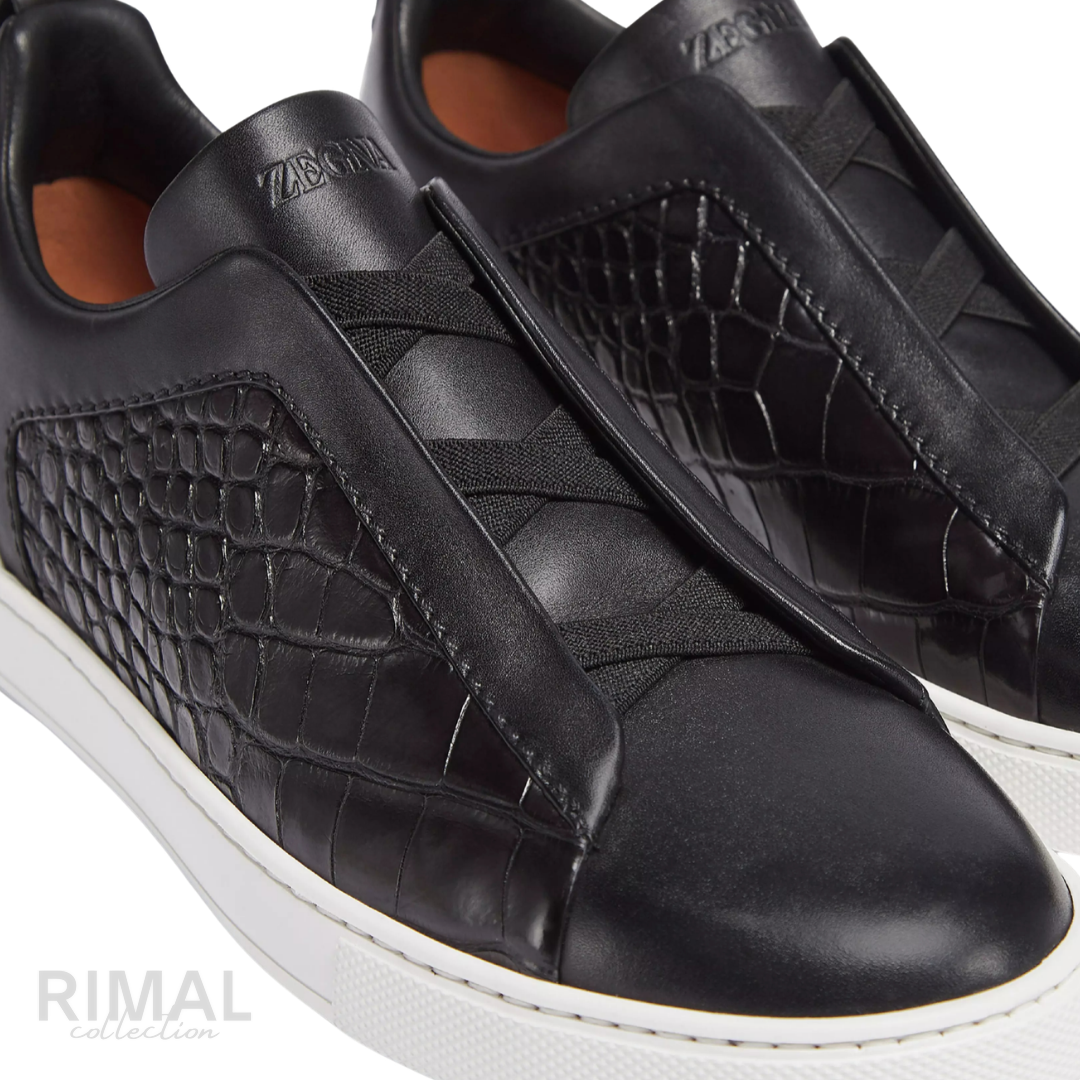 Zegna Triple Stitch Sneaker – Black Alligator Leather – View 4