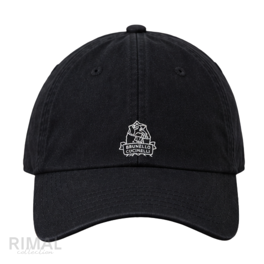 Brunello Cucinelli | Black Cotton Gabardine Embroidered Solomeo Crest Baseball Cap - View 1
