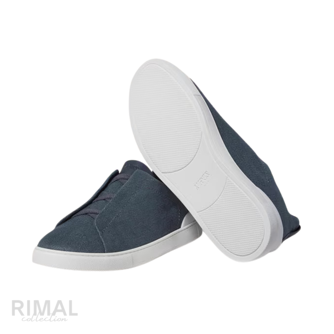 Zegna | Dark Teal Blue Cotton Linen and Leather Triple Stitch Sneakers - View 3