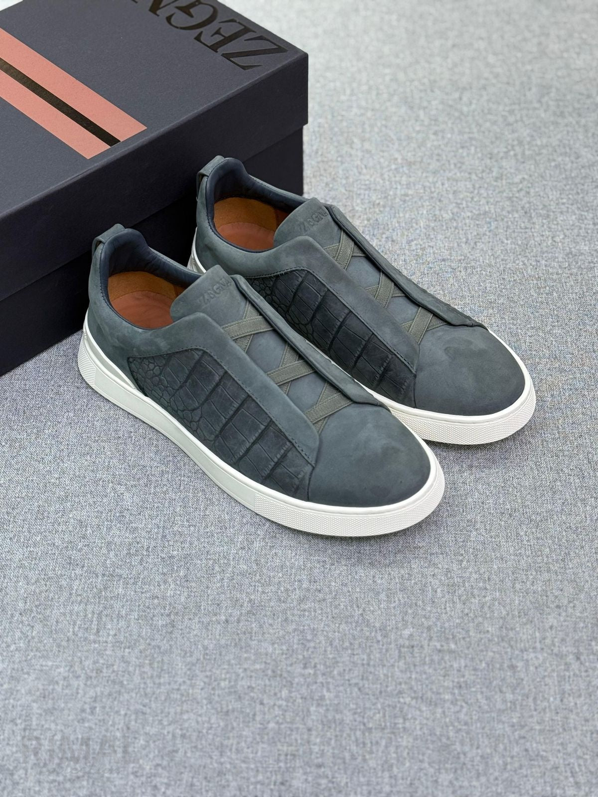 Zegna Navy Croc-Embossed Slip-On Sneakers