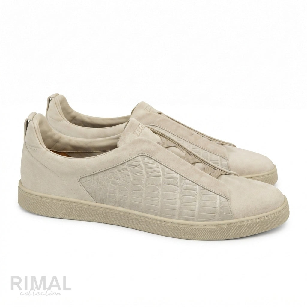 Zegna Triple Stitch Alligator-Pattern Sneakers – Cream - View 3