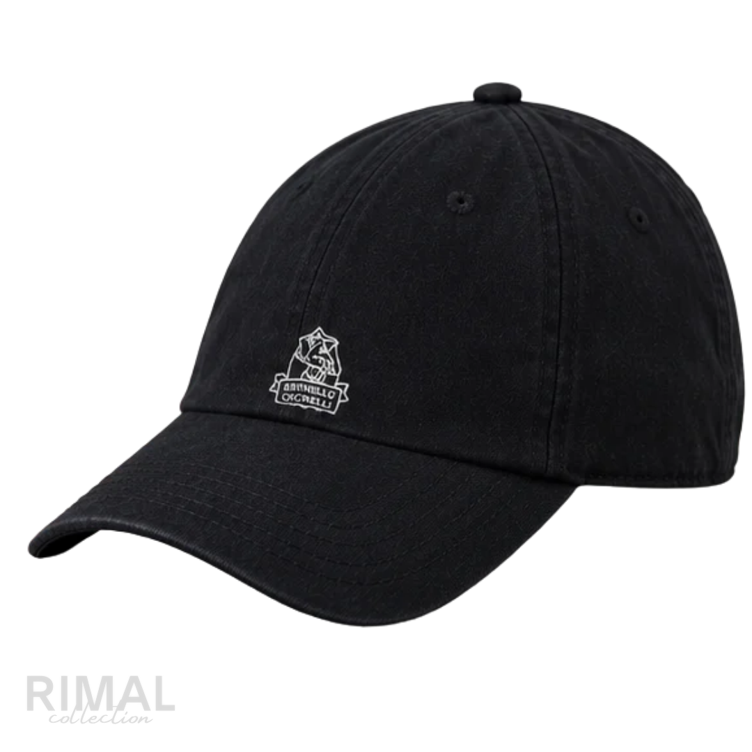 Brunello Cucinelli | Black Cotton Gabardine Embroidered Solomeo Crest Baseball Cap - View 2