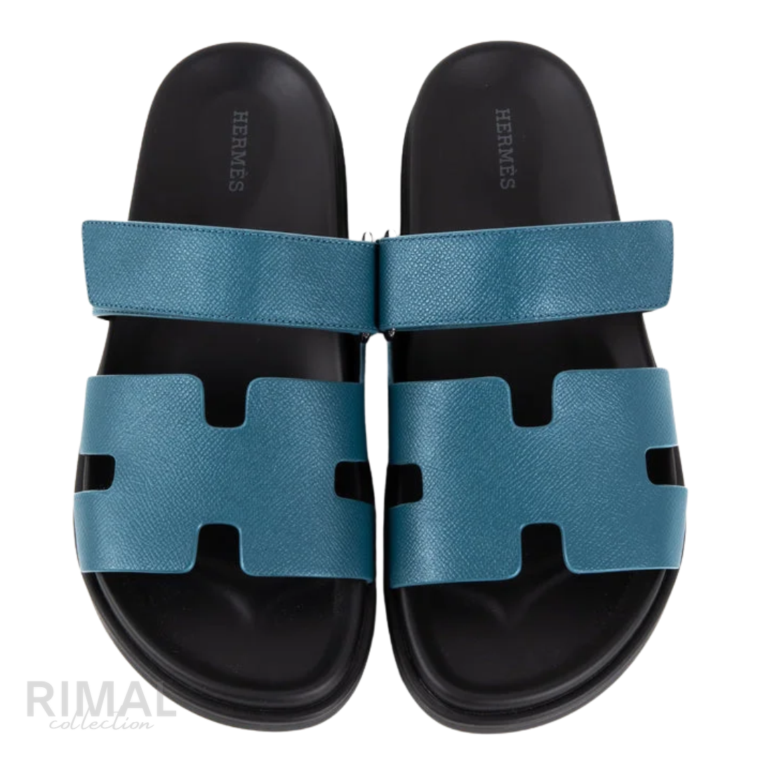 HERMÈS Chypre Sandals Leather Teal Petrol Blue Bleu Canard Black Sole