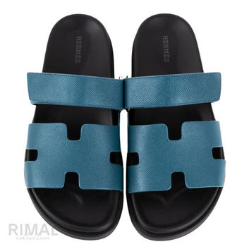 HERMÈS Chypre Sandals Leather Teal Petrol Blue Bleu Canard Black Sole