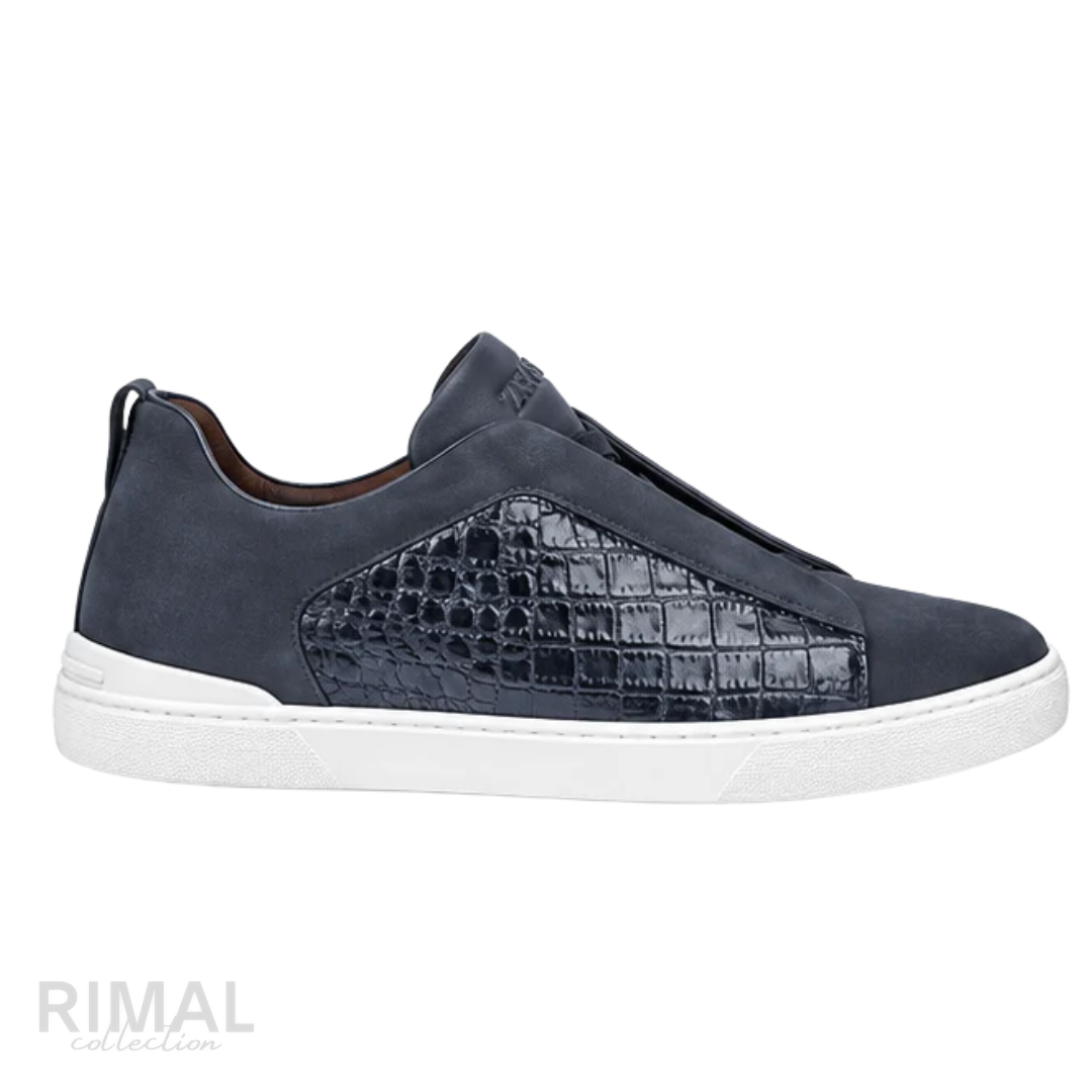 Zegna Triple Stitch Sneaker – Navy Blue Alligator & Suede – View 1