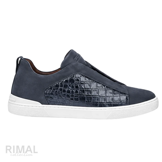 Zegna Triple Stitch Sneaker – Navy Blue Alligator & Suede – View 1