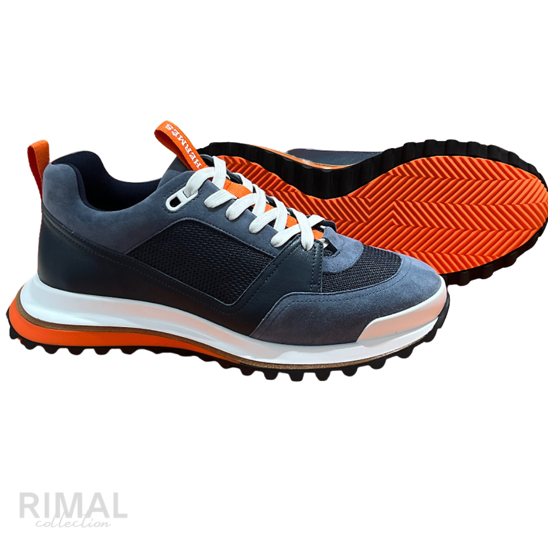 HERMÈS Leader Sneaker Multicolore Bleu Suede Leather Orange