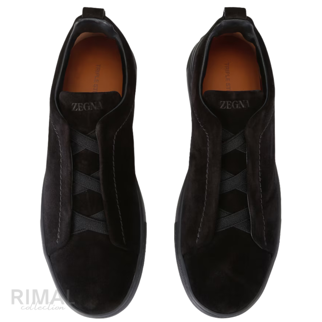 ZEGNA Triple Stitch Suede Slip-on Sneakers Black Nero Tonal