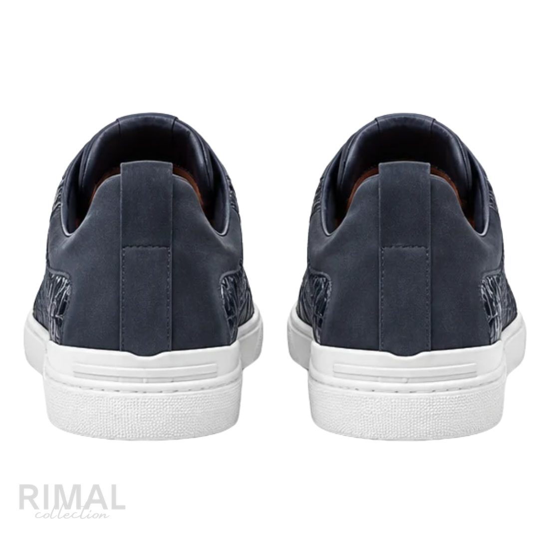 Zegna Triple Stitch Sneaker – Navy Blue Alligator & Suede – View 3