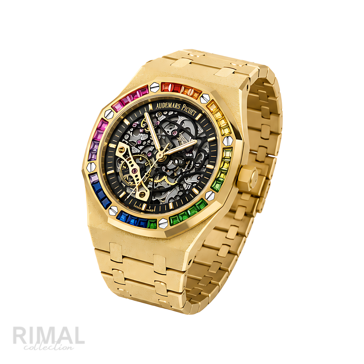 Audemars Piguet Rainbow Bezel Frosted Gold Skeleton Dial Gold Watch - image 2