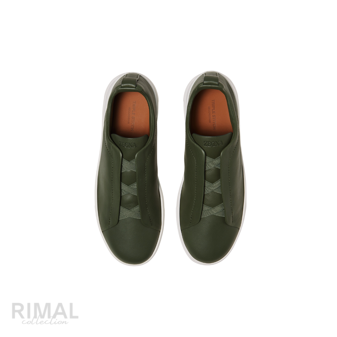Zegna Triple Stitch Sneaker – Pine Green SECONDSKIN Leather – View 4