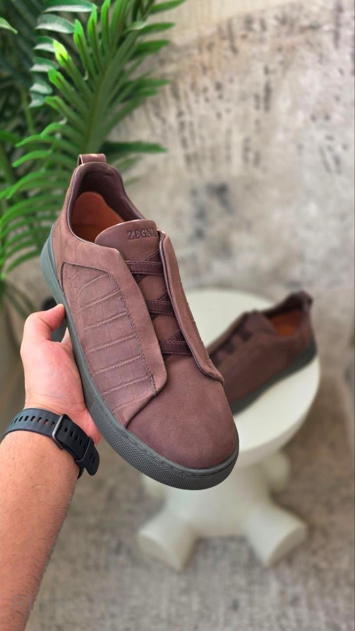 ZEGNA Triple Stitch Suede Slip-on Sneakers Brown Charcoal Sole