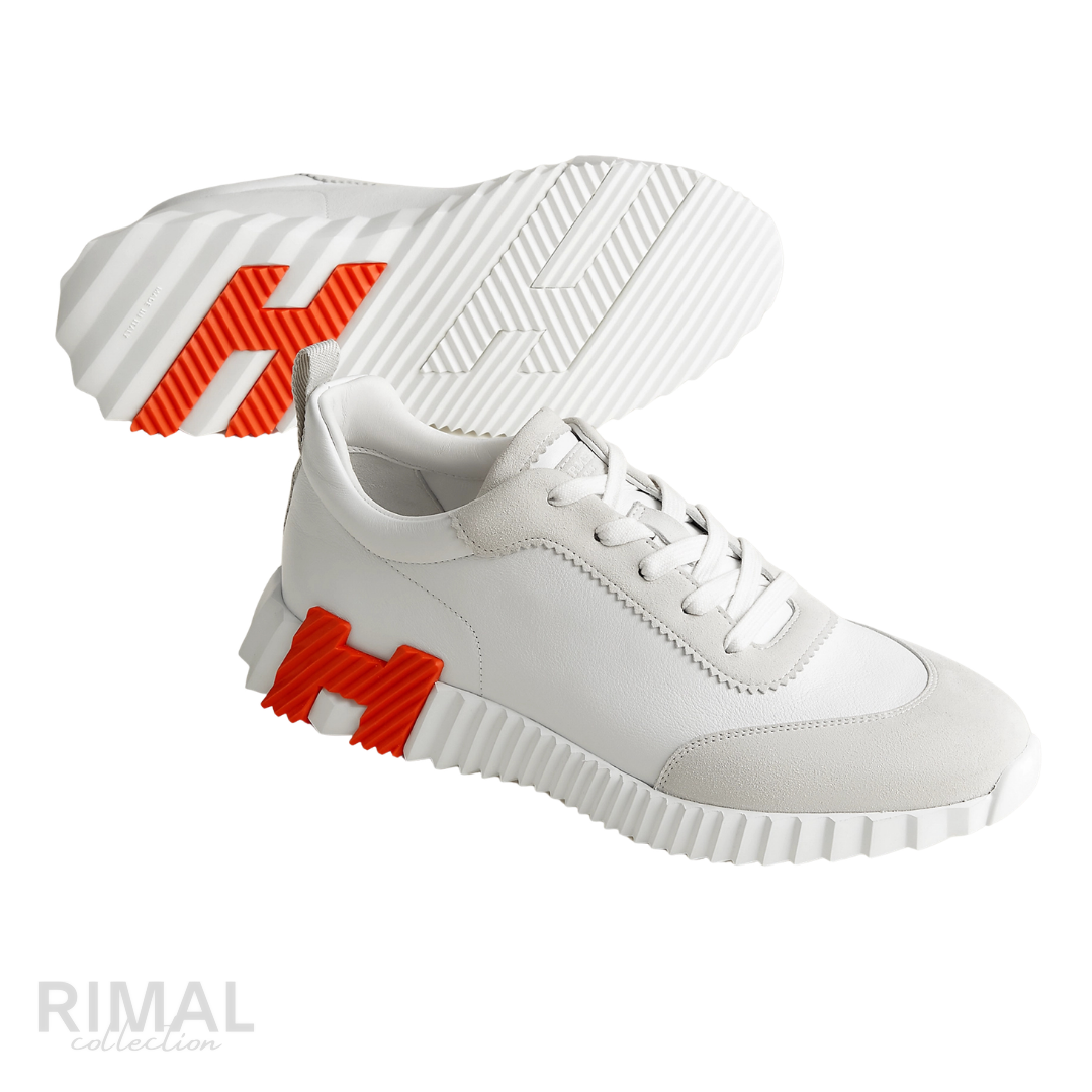HERMÈS Bouncing Sneakers - Blanc White Leather & Suede Orange H Logo Low-Tops