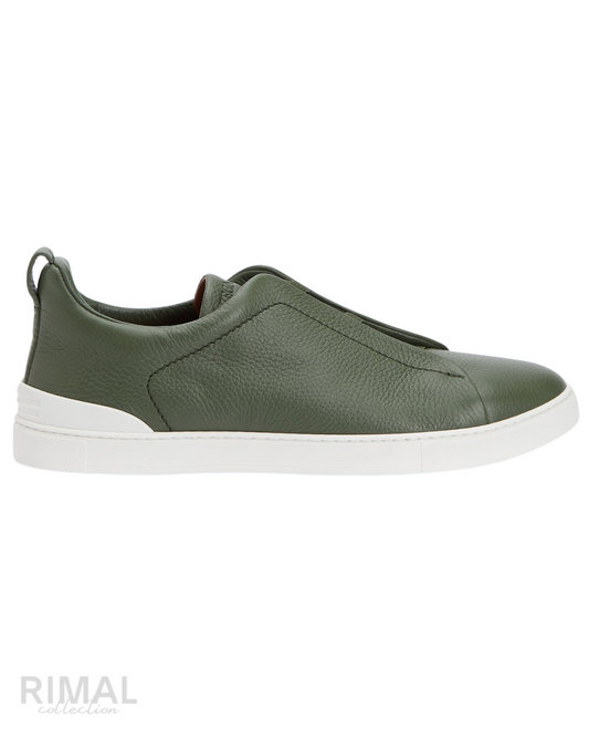 Zegna Triple Stitch Leather Sneakers – Navy & Khaki - View 1