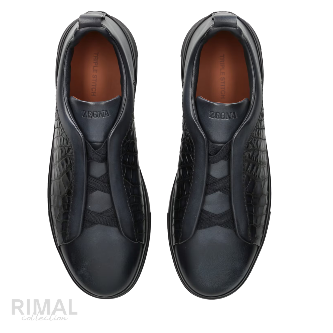 Zegna Triple Stitch Crocodile-Panel Leather Sneakers – Black - View 2