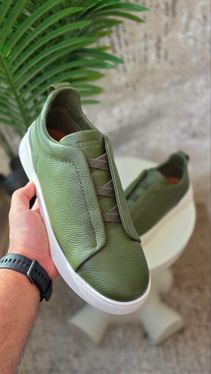 Zegna Triple Stitch Leather Sneakers – Navy & Khaki - View 5