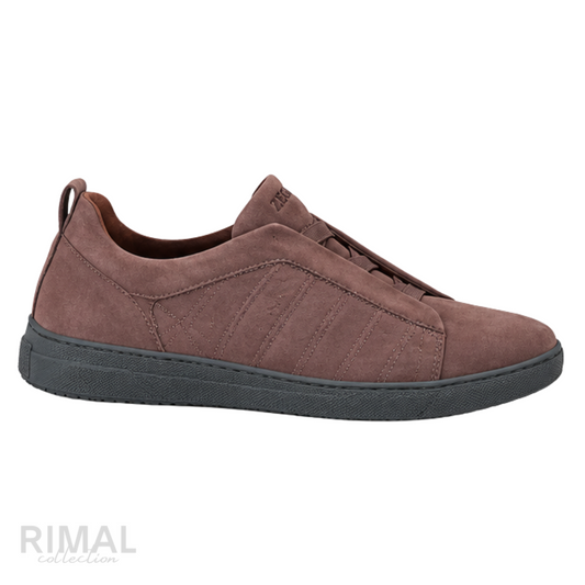 ZEGNA Triple Stitch Suede Slip-on Sneakers Brown Charcoal Sole