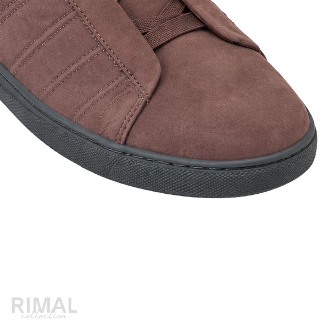 ZEGNA Triple Stitch Suede Slip-on Sneakers Brown Charcoal Sole