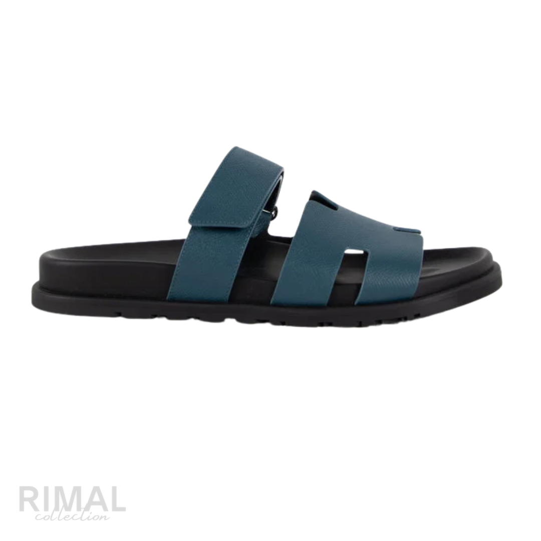 HERMÈS Chypre Sandals Leather Teal Petrol Blue Bleu Canard Black Sole