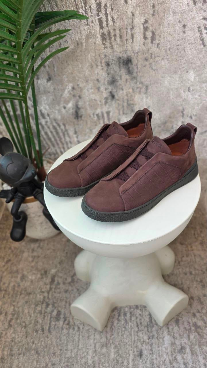 Zegna Triple Stitch Slip-On Sneakers – Brown - View 1