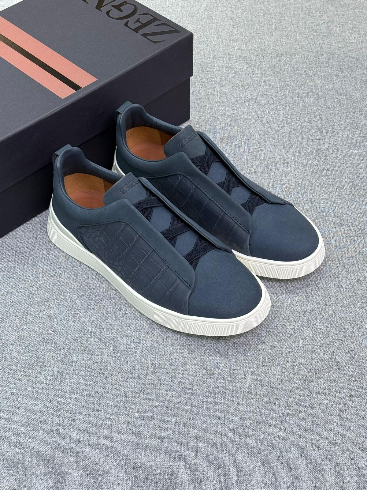ZEGNA Grey Croc Embossed Slip On Sneakers