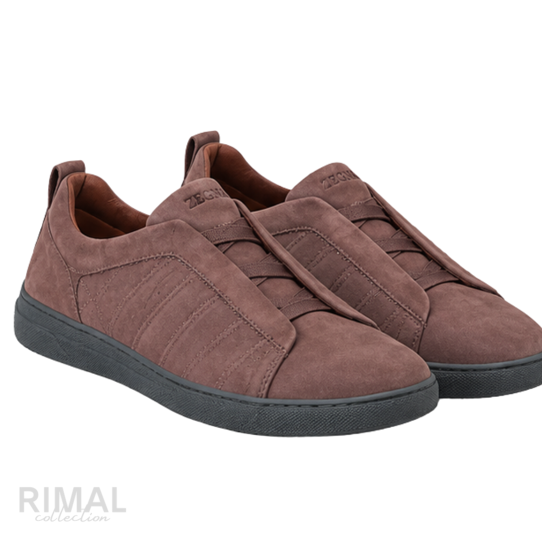 ZEGNA Triple Stitch Suede Slip-on Sneakers Brown Charcoal Sole