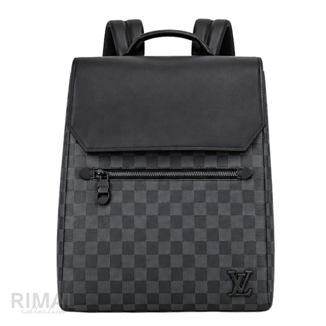 Louis Vuitton Bag | Zack Backpack (Damier Cobalt Graphite style with black leather flap) – Black – Charcoal (Damier Graphite coated canvas with black leather trim and matte black hardware)