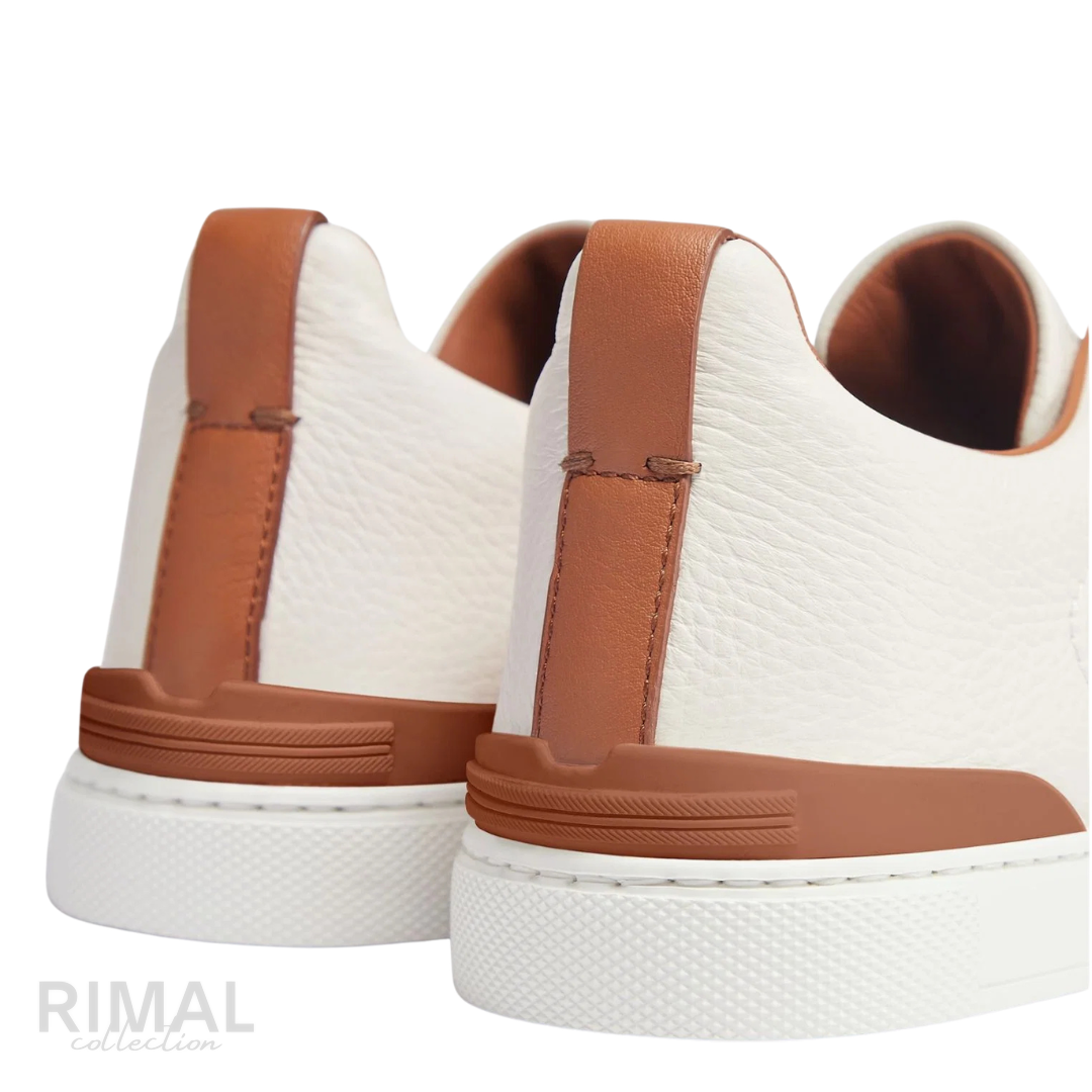 Zegna Triple Stitch Sneakers – White & Brown - View 3