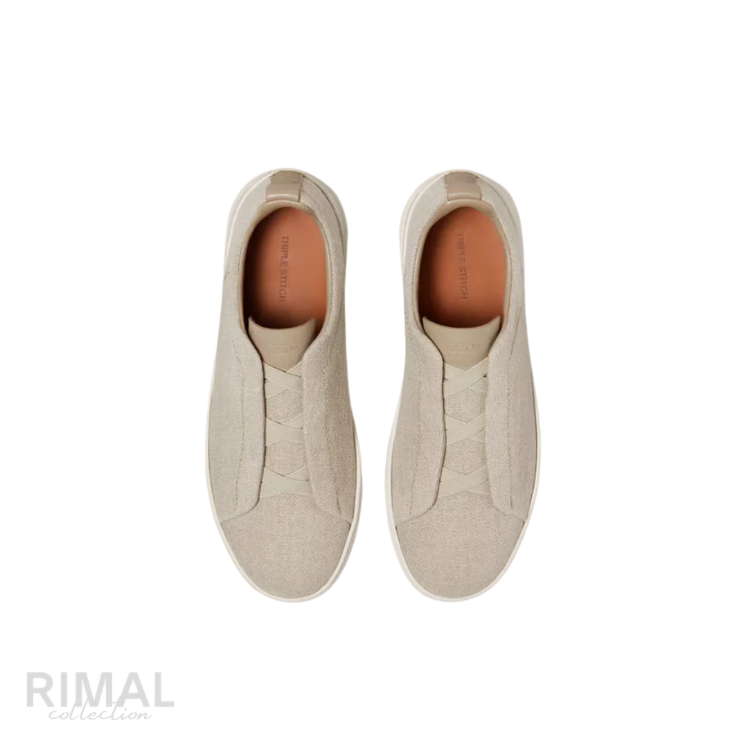 Zegna Triple Stitch Sneaker – Light Beige Cotton, Linen & Leather – View 4