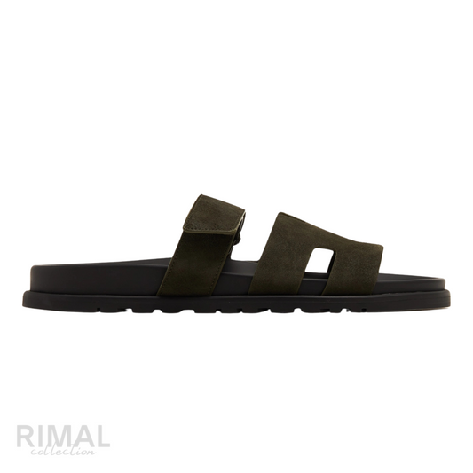 HERMÈS Chypre Sandals Suede Olive Khaki Kaki Green Black Sole