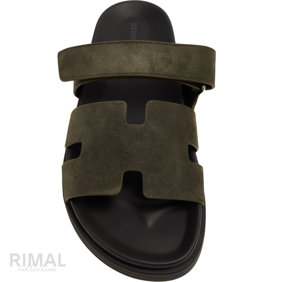 HERMÈS Chypre Sandals Suede Olive Khaki Kaki Green Black Sole
